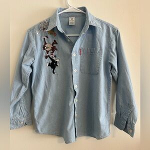 Vintage Warner Bros Looney Tunes Denim Shirt Embroidered Bugs Bunny Taz Tweety